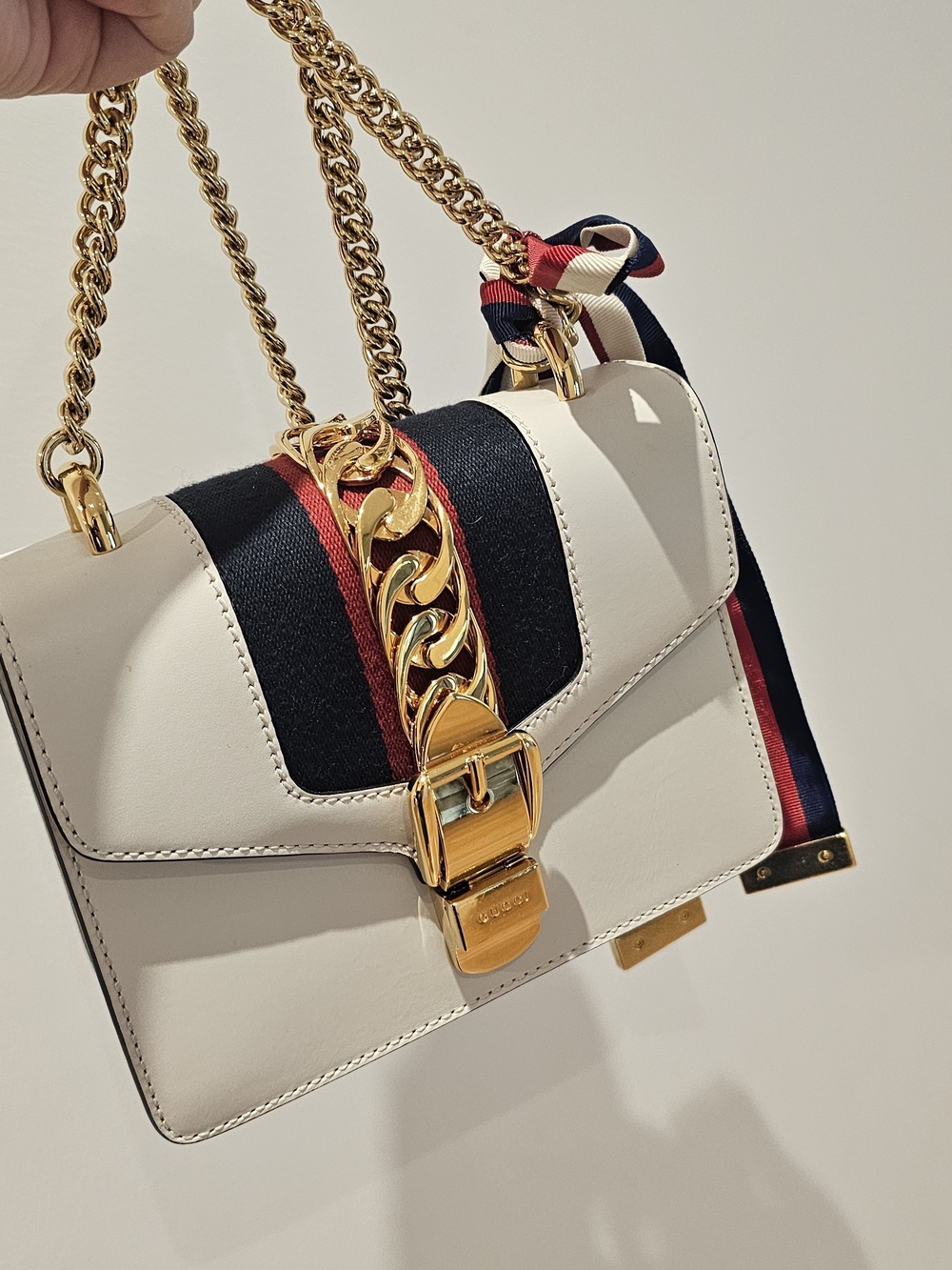 Gucci Cream Crossbody with Navy & Red Web and Gold Chain